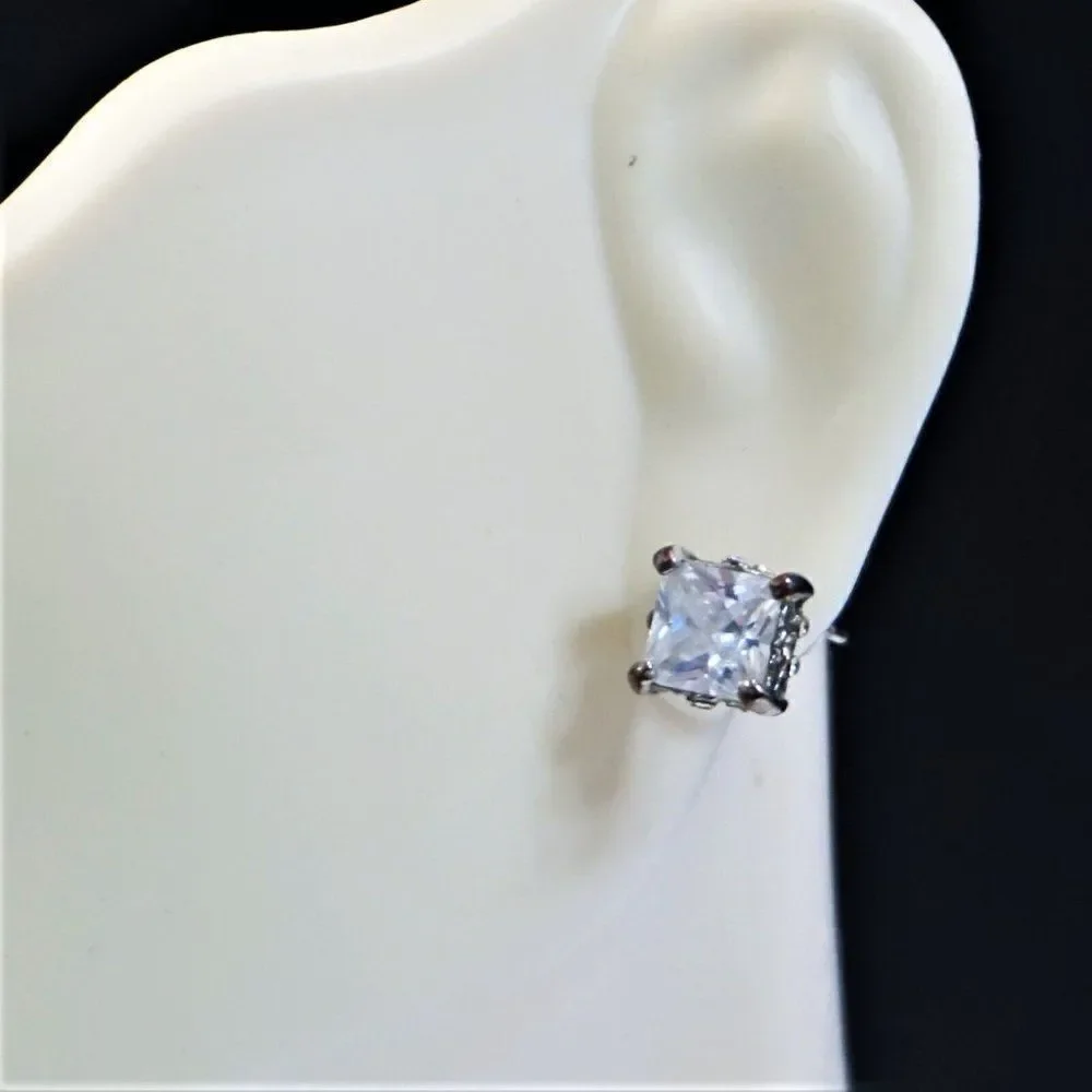 Vintage Cubic Zirconia Stud Earrings 7 mm Square Princess Cut Clear Unisex